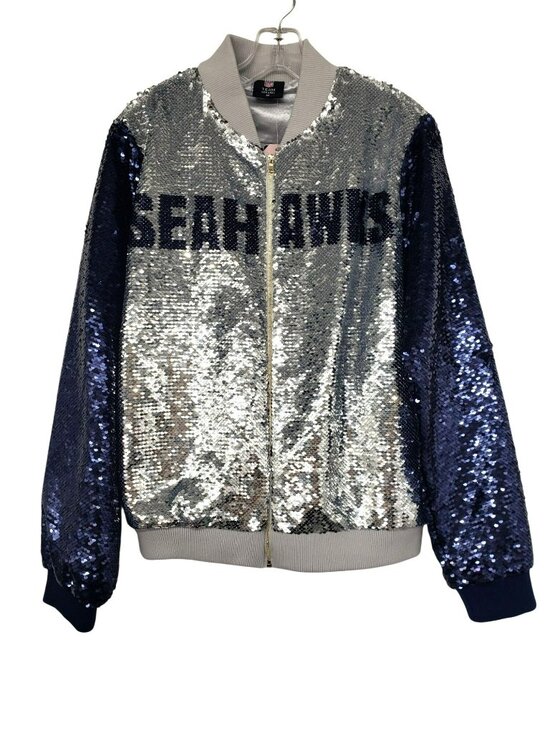 Nfl Apparel Jackets & Blazers - Seattle Seahawks Sequins Silver Blue Bomber Jacket Womens M Medium NFL Bling